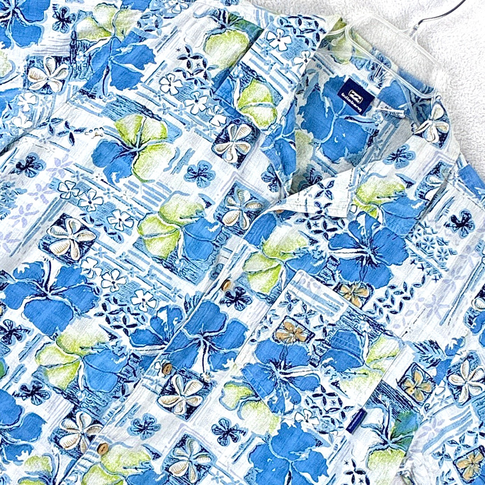 VTG Billabong Hawaiian Camp Shirt Mens L White Blue Floral Beach Tiki Aloha Y2K
